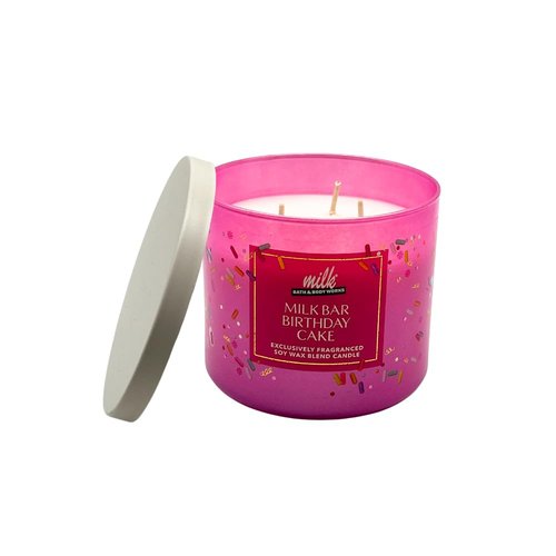 Bath & Body Works Milk BAR Birthday Cake 3-Wick Scented Candle 14.5 oz – 2025 Limited Edition – Gift Set with 30-Inch Metallic Gold & Silver Striped Bow for Birthdays & Holidays