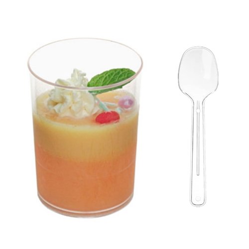 CEZOOWYEX 100 Pack Mini Dessert Cups, 3oz Clear Shooter Cups with Spoons, Plastic Mousse Cups for Party, Ice Cream, Puddings, Chocolate, Round Appetizer Parfait Tasting Cups