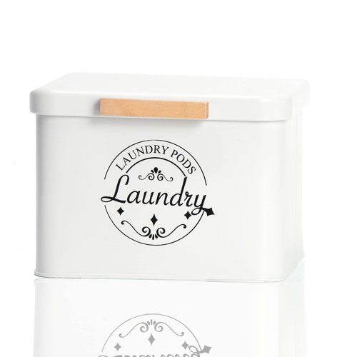 SACREDAY Laundry Pods Holder with Hinged Lid, Farmhouse Space-Saving Metal Container for Laundry Room Decor Organization and Storage, Detergent Dispenser for Efficient Laundry Room Use(Cream)