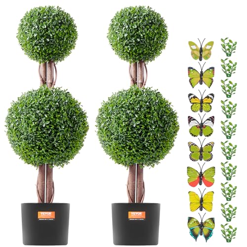 VEVOR Artificial Boxwood Topiary Tree, 36 inch Tall (2 Pieces), Double Ball Faux Topiary Trees, Faux Plant w/Extra Leaves & Pot & Small Decoration, UV Rated Set for Home Decor Indoor/Outdoor
