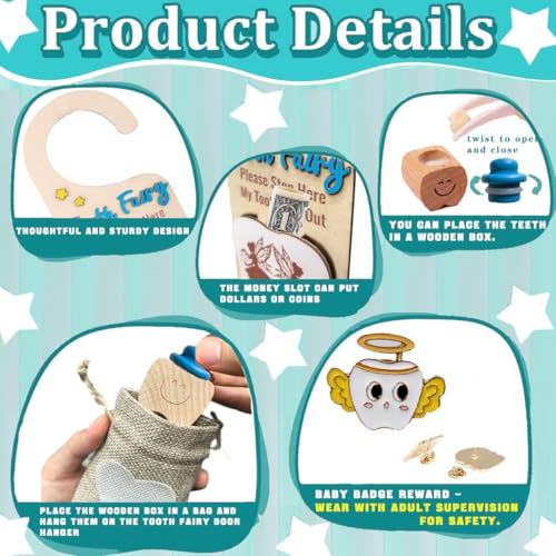 Chakralux 4Pcs Tooth Fairy Door Holder - Wooden Door Hanger Gift Set with Keepsake Box and Bag & Reward Badge, Gifts and Bedroom Decorations Suitable for Lost Teeth Girls and Boys
