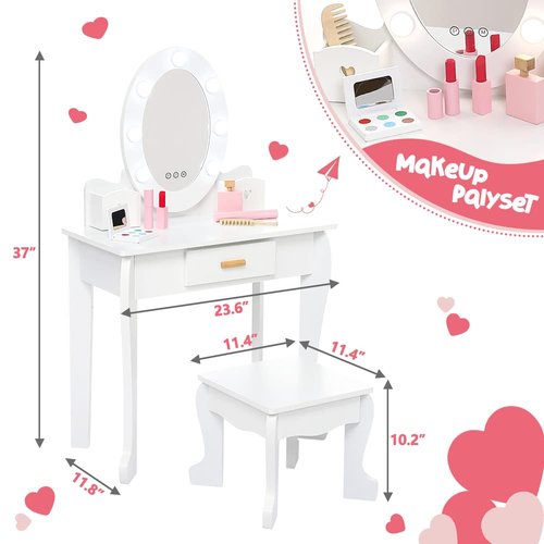 Kids Vanity Set, Pretend Play Girls Vanity Table and Chair Set with Lighted Mirror, Stool, and Wood Makeup Playset, White