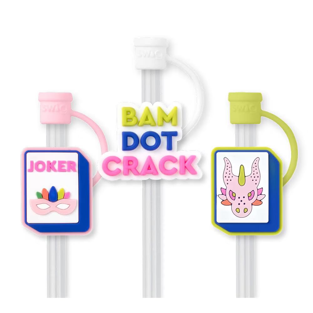 Swig Straw Toppers Set, 3 Reusable Straws with 3 Silicone Covers, Straw Cover Cap Customizable Length, Compatible with 40oz Tumblers, Tumbler Accessories (Mahjong)