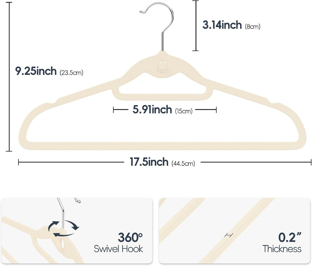Velvet Hangers 50 Pack - Non-Slip Stackable Clothes Hangers with 360° Swivel Hooks | Ultra Thin Ivory Design