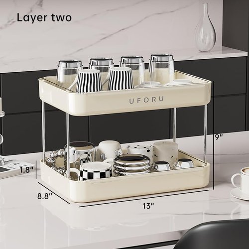 UFORU Countertop Coffee Station Organizer, 2 Tier Wine Glass Holder, Mug Shelf with Removable Drain Tray, Spice Rack for Kitchen, Bathroom Countertop Organizer, Cream White