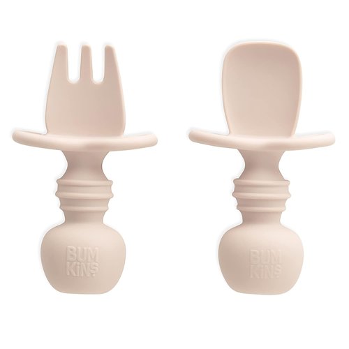 Bumkins Baby Utensils Set - Chewtensils Silicone Spoons & Fork for Self-Feeding | Soft Practice Tools for Babies 6+ Months - Sand Beige