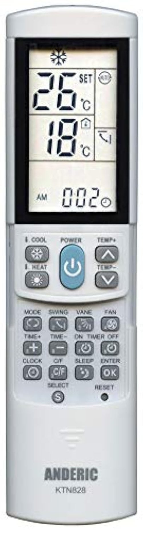 Anderic KTN828 Air Conditioner Remote Control, White – Universal, Compatible with Many Mini-Split, Window, Wall & Portable AC Units – Easy Programming, Backlit LCD, Intelligent Cool & Heat Modes
