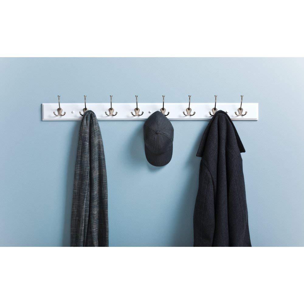 Franklin Brass Tri-Hook (1-Pack) 45" Coat Rack Wall Mount Pure White Hat Rack with 8 Hooks Hanging Hook Rail for Clothes, Towels, Purses, Bags, Kitchen, Entry, Closet Organization R33646K-PMN-R