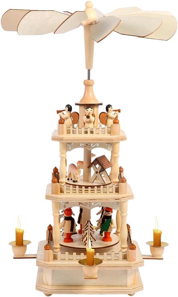 Rotating Christmas Pyramids - 18-Inch Wood Nativity Scene Set with 4 Candle Holders | 3-Tier Carousel