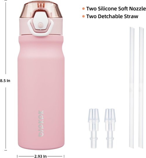 BJPKPK Insulated Water Bottle - 18oz Stainless Steel Flask with Straw, Leak-Proof Lid & Carry Handle | Light Pink