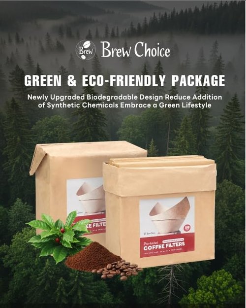 Brew Choice 100ct Pre-folded Unbleached Cone Coffee Filters, Upgraded 30% Thicker Natural Paper for Pure Taste, Compatible with Chemex Pour-Over Coffee Makers