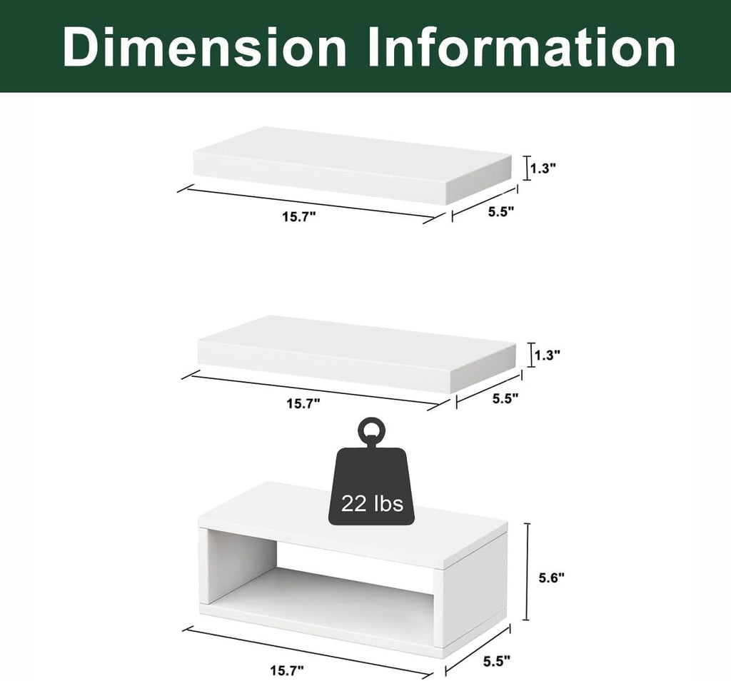RANK Bathroom Shelves - Wall Mounted Floating Toilet Paper Storage | Set of 3 White 16-Inch Decor