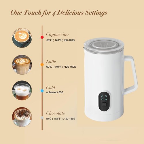 JZLHYSNDYL 4 IN 1 Electric Milk Frother, Automatic Hot & Cold Milk Foamer, 19.6oz/580ml Large Capacity for Latte Coffee Hot Chocolates Cappuccino (White, 220V EU PLUG)