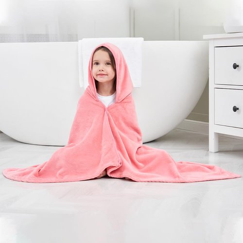 Hiturbo 3Pcs Kids Fleece Hooded Towel: Soft Plush Warm Blanket - 50"x30" Pool Beach Bath Swim Towel Wrap for 3-12 Yrs (Navy+Pink+Red)