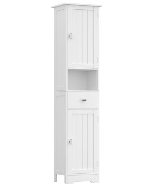 Akxoml Tall Bathroom Storage Cabinet with 2 Doors, 67" H Narrow Floor Cabinet with Adjustable Shelves and Drawer, Anti-Tip Design, 11.8 x 12.6 x 66.9 Inches, for Bathroom, Kitchen，Entryway, White