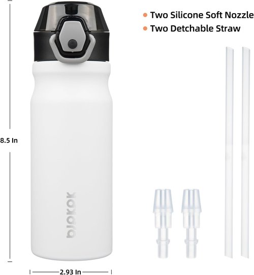 BJPKPK Insulated Water Bottle - 18oz Stainless Steel Flask with Straw, Leak-Proof Lid & Carry Handle | White