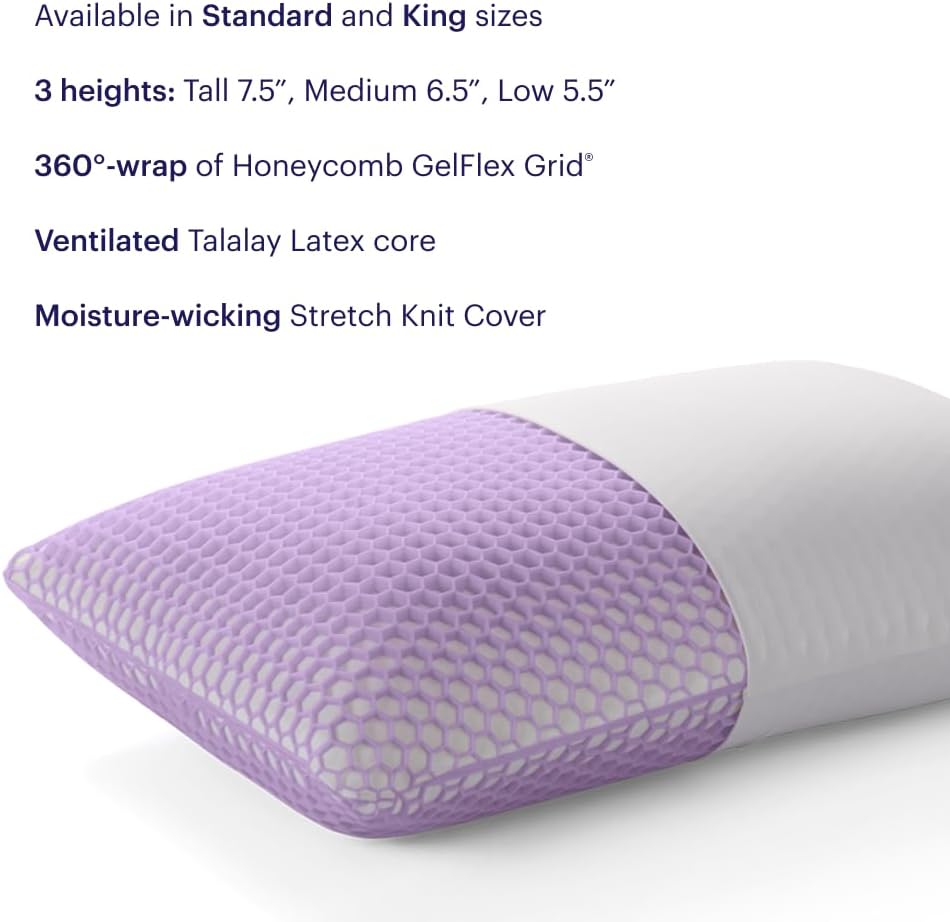 Purple Harmony Pillow - Talalay Latex Foam Cooling Pillow for Side Sleepers | 360º Hex GelFlex Grid, Medium Feel, Standard Size