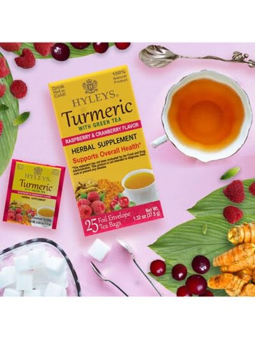 Hyleys Turmeric Green Tea - Green Tea with Turmeric Root - Raspberry & Cranberry Flavors - Herbal Tea Bags - 25 Individually Wrapped Tea Bags (12 Pack - 300 Tea Bags Total)