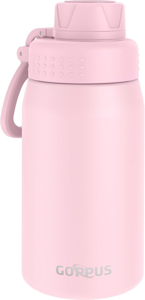 GOPPUS Kids Water Bottle - 15oz Stainless Steel Insulated, Leakproof & BPA Free - Pink for School