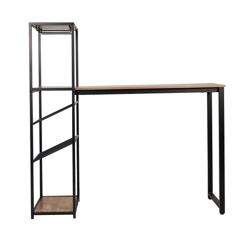 Flash Furniture Jura Metal Bar and Wine Table with Bottle and Stemware Storage, 2 Slanted Bottle Shelves, 3 Stemware Hangers, Waterproof Table Top, Black/Light Brown