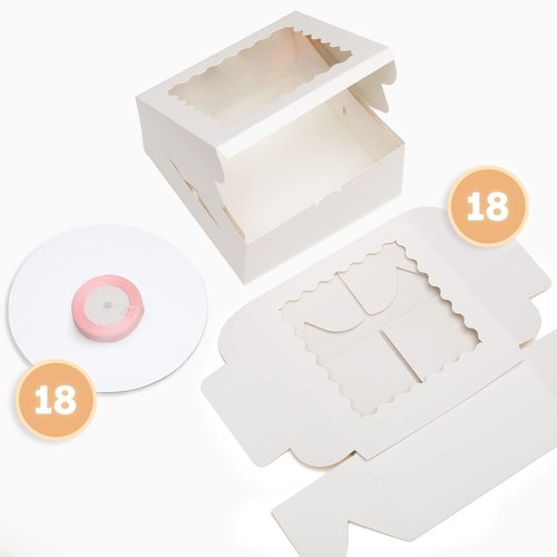 Bakepacker 36pcs 6x6x5 Inches with Window 18-Packs White 6 Inch Bakery Boxes (18 Cake Boxes +18 Cake Boards + 10 Meters Silk Ribbon Includes Included)