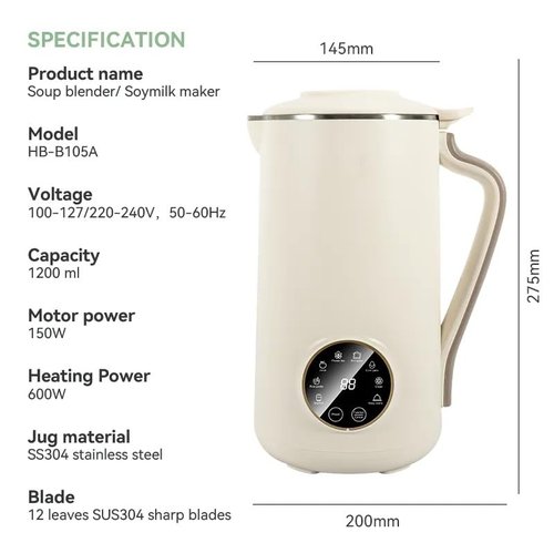 8-in-1 Nut Milk Maker, 40.5oz (1200ml) Capacity, Homemade Almond, Oat, Coconut, Soy, Plant-Based Milks, Automatic Blender with Delay Start, Keep Warm, Self-Cleaning, Boil Water Functions- White