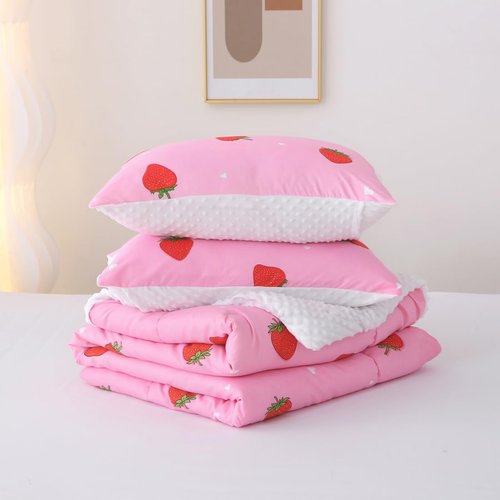 Gusuhome Girls Strawberry Comforter Set Full Size Pink Bedding Set for Kids Teens 3 Piece Young Lady Kawaii Bedding Bed in a Bag All Season