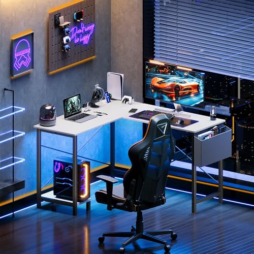 DUMOS L Shaped Desk Computer Gaming Corner Table 50 Inch Home Office Writing Student Work PC Workstation with Side Storage Bag CPU Stand for Bedroom Small Spaces