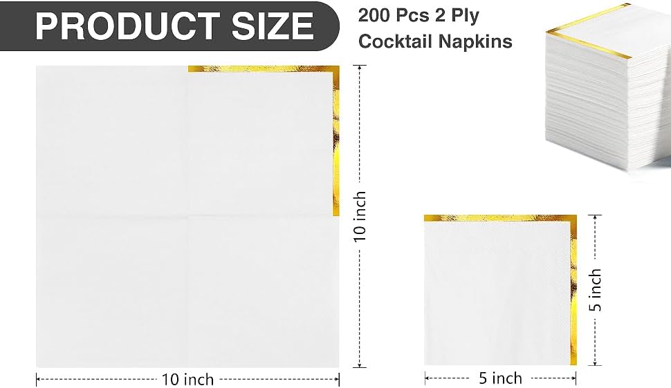 Regine Switzerland Cocktail Napkins - 200 Pcs 2-Ply White with Gold Trim | Elegant Disposable Beverage Napkins for Weddings & Events