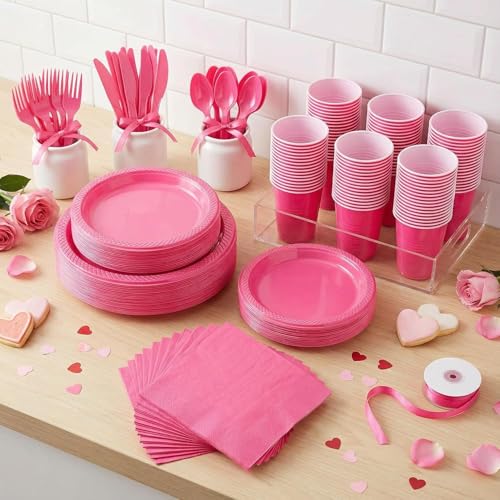 WELLIFE 210Pcs Hot Pink Plates, Disposable Dinnerware Set, Including Hot Pink Plastic plates, 12oz Cups, Plastic Cutlery and Napkins Serve 30 Guests, Plastic Plates for Party and Valentine,Galentines
