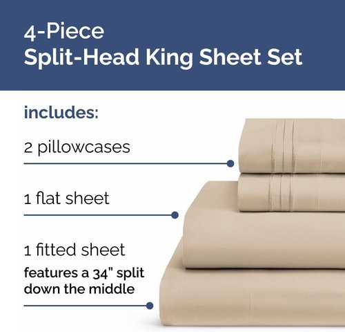 Flex Top Split Head King Sheet Set - Ultra-Soft, Breathable & Cooling Luxury Bedding - Deep Pockets, Oeko-Tex - Wheat
