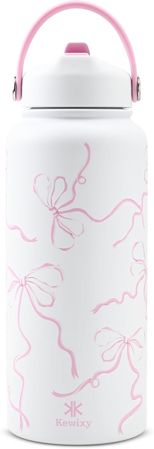 Bow 32 oz Insulated Water Bottle - Stainless Steel, Leak Proof, Reusable with Flip Straw & Handle | Breeze Pink