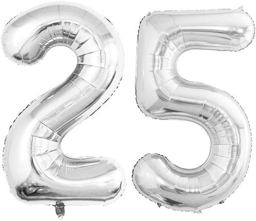 GOER Jumbo Number 25 Balloons - 42 Inch Silver Foil Helium Decorations for 25th Birthday Party