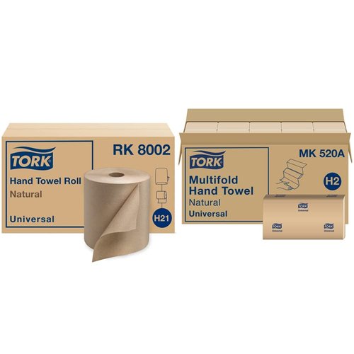 Tork Paper Hand Towel Roll Natural H21 (6 Rolls) and Tork Multifold Hand Towel Natural H2 (16 Packs)