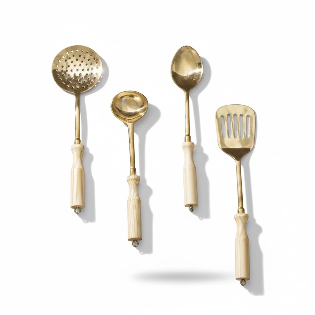 P-TAL Brass Ladle Set for Kitchen Ptal Brass Utensils Serving and Kitchen Tools Scoop Ladle Skimmer Serving Spoon Spatula Set of 4, 7 in,
