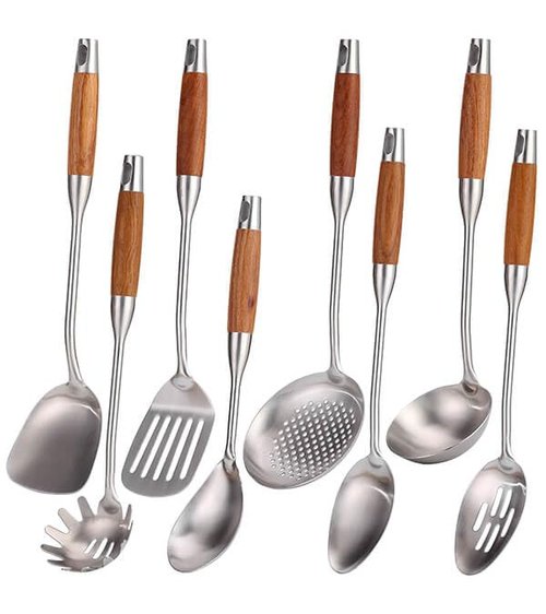 18/10 Stainless Steel Kitchen Utensils Set with Wood Handle - 15”Metal Cooking Tools & Serving Utensil, 8-Pieces Cooking Spoons Set - Spatula, Ladle, Skimmer, Turner, Pasta, Solid Spoon, Slotted Spoon
