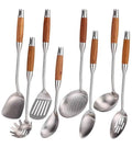 18/10 Stainless Steel Kitchen Utensils Set with Wood Handle - 15”Metal Cooking Tools & Serving Utensil, 8-Pieces Cooking Spoons Set - Spatula, Ladle, Skimmer, Turner, Pasta, Solid Spoon, Slotted Spoon
