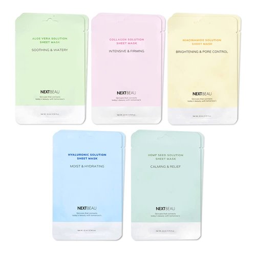 NEXTBEAU Korean Facial Sheet Mask Variety Pack - 10 Count (5 Types, 0.74 fl oz Each) for Daily Skincare