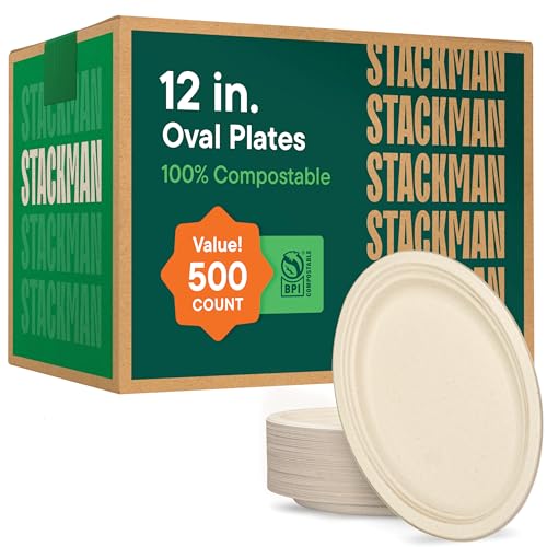 100% Compostable Oval Paper Plates 12.5 inch [500-Bulk Pack] - (PFAS-Free) - (BPI Certified) Heavy Duty, Eco-Friendly, Biodegradable Bagasse Dinner Plates - Natural Brown 12.5" Plate