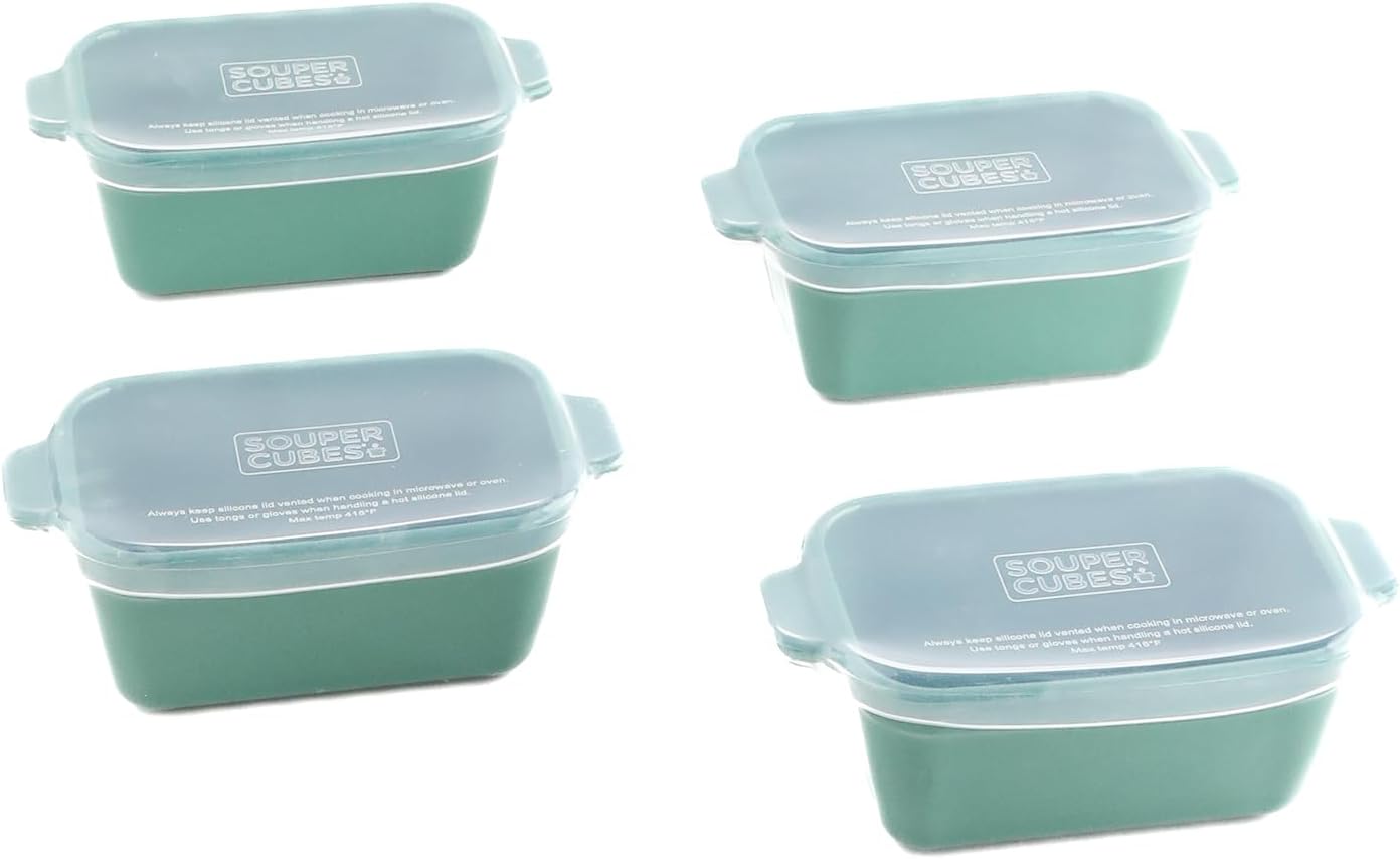 Souper Cubes Stoneware | Premium 5" x 3" Mini Baking Dishes with Silicone Covers - Set of 4 in Kale