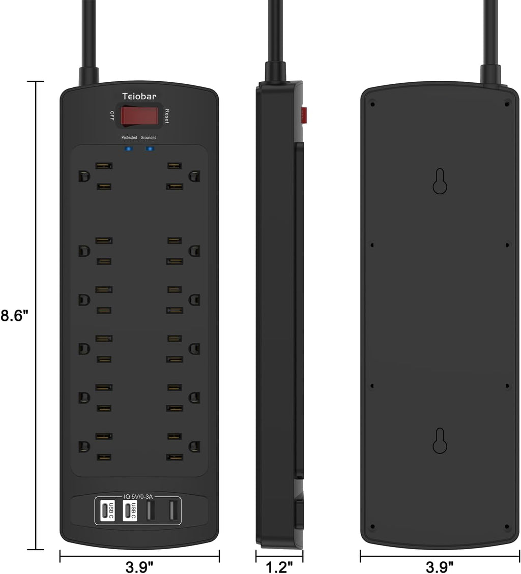 Teiobar Surge Protector Power Strip - 6 Ft Extension Cord with 12 AC Outlets & 4 USB Ports | Black, 1875W/15A