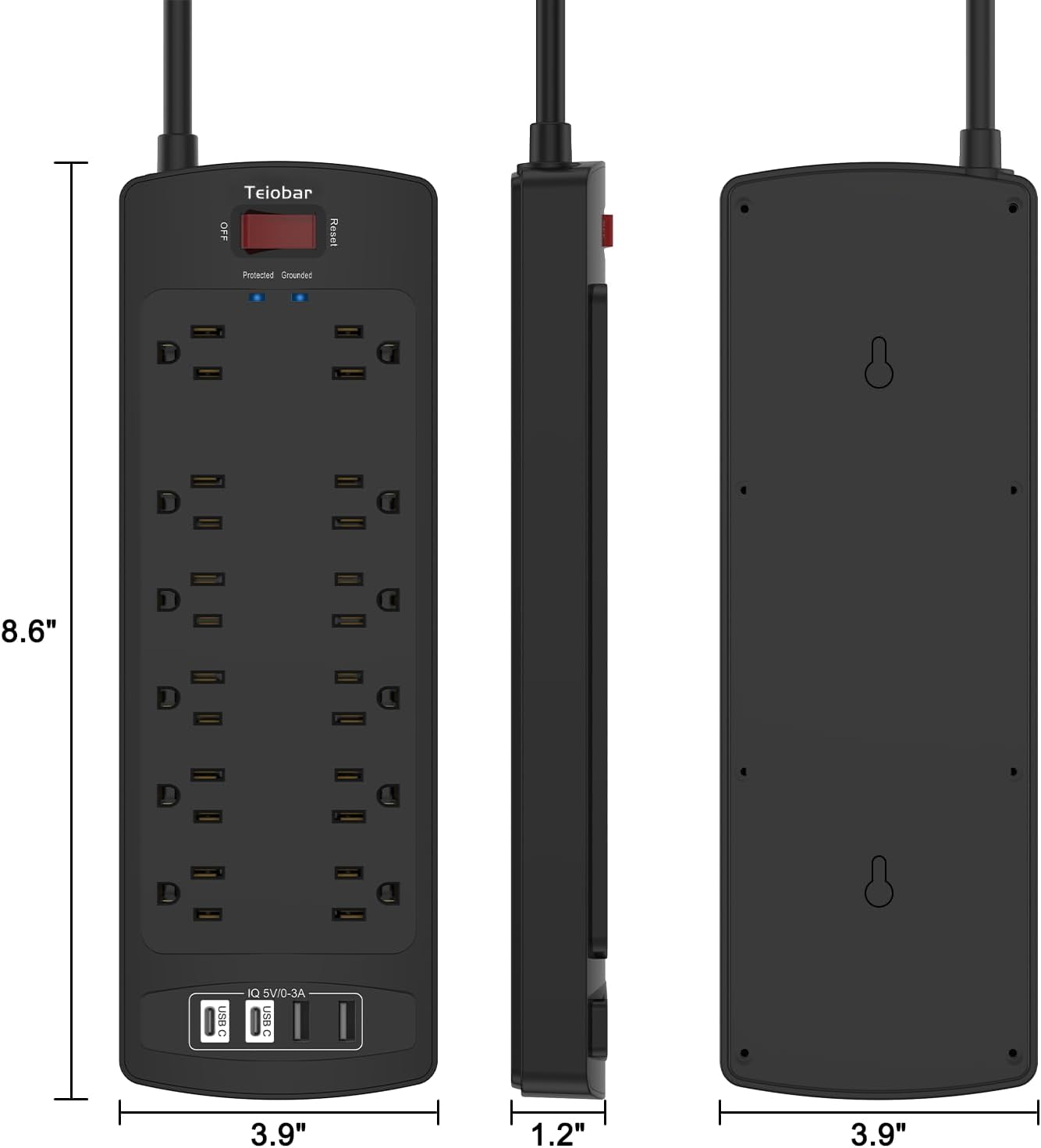 Teiobar Surge Protector Power Strip - 6 Ft Extension Cord with 12 AC Outlets & 4 USB Ports | Black, 1875W/15A