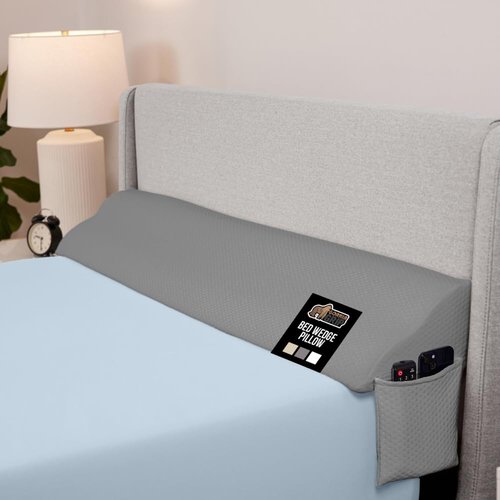 GORILLA GRIP Patented Bed Wedge Pillow for Headboard Gap, Filler Between Mattress Gaps, Comfortable Supportive High Density Cushioned Foam Pillows, Stay in Place Gripping Dots, Queen Soft Gray