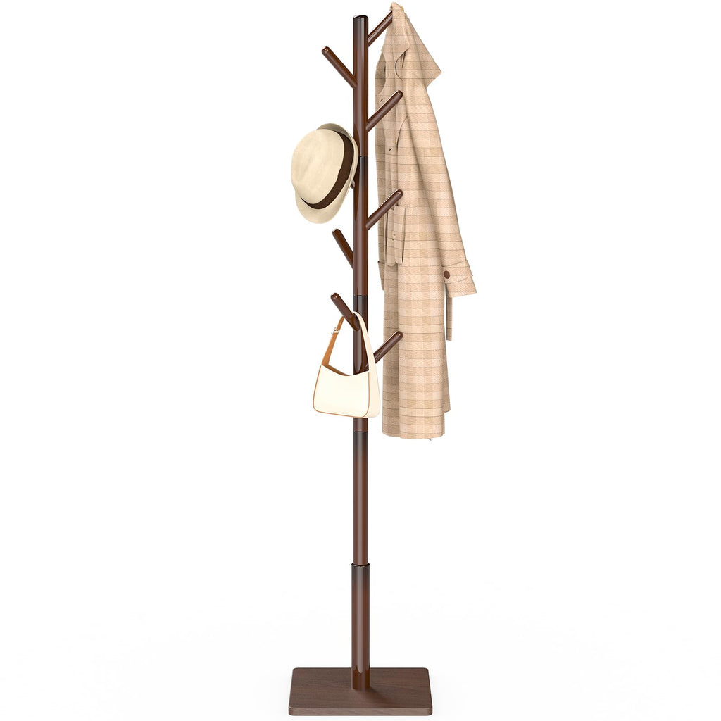YheenLf Coat Rack Freestanding with Stable Square Base for Cloathes, Hat, Used in Bedroom, Office and Entryway, Sturdy and Easy Assembly Coat Tree with 3 Adjustable Sizes and 8 Hooks, Brown