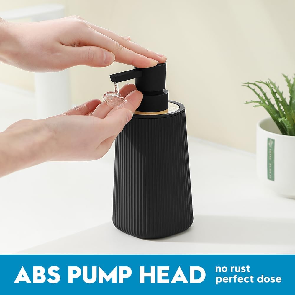 Skiennix Small Soap Dispenser - Modern Farmhouse Striped Design | Black Plastic with Bamboo Accent