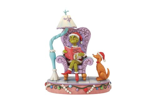 Enesco Dr. Seuss Grinch by Jim Shore Grinch Reading Chair with Lamp Lit Figurine, Stone Resin Hand Crafted Collectible Light Up Christmas Figurines Home Decor Sculpture Statue, 8 Inch, Multicolor