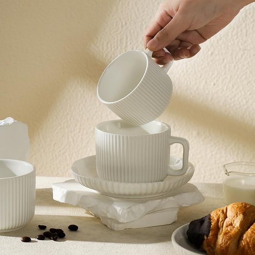 AYUCIA 8 Ounce Cappuccino Cups Set of 4, Latte Mugs with Saucers and Spoons, White Cream Ceramic Coffee Mugs Tea Cups for Cappuccino Latte Mocha Au Lait Macchiato Cafe