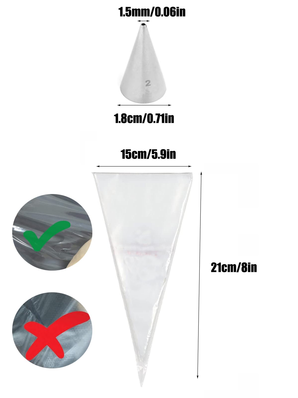 #2 Piping Tip and Bag Set – 3 Fine Round Tips & 20 Disposable 8-Inch Pastry Bags for Lettering, Outlines & Detail Work