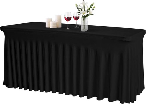 JCJ Table Skirt - Fitted Black Spandex Tablecloth for 4FT Rectangle Tables | Wrinkle Resistant Ruffles