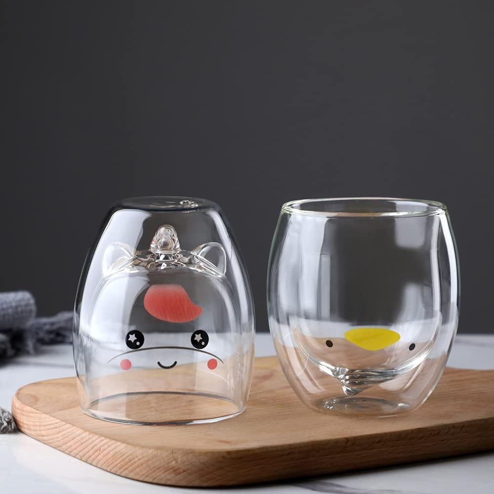 Binoster Unicorn Mug Cute Mugs Glass Double Wall Insulated Glass Espresso Cup, Coffee Cup, Tea Cup, Milk Cup, Kawaii Gifts, for women girls friends, Christmas Birthday (Unicorn)